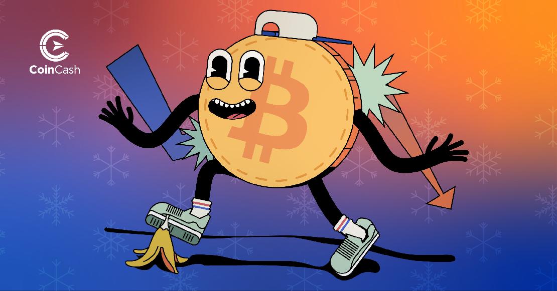 Egy banánhéjon elcsúszó Bitcoin érme, a háttérben esést mutató grafikonnal